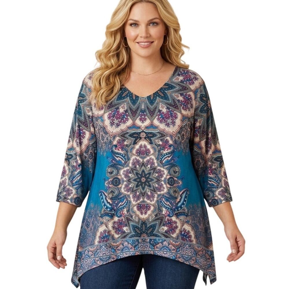 Catherines Medallion Tunic Womens Size 4X Teal Paisley Boho Asymmetrical Top